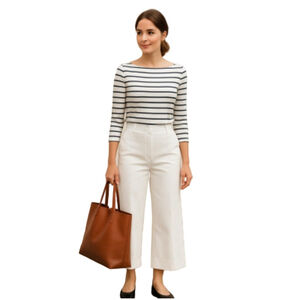 White Wide Leg Cropped Trouser Pants Cotton Blend High Waist Lightweight, S (27)